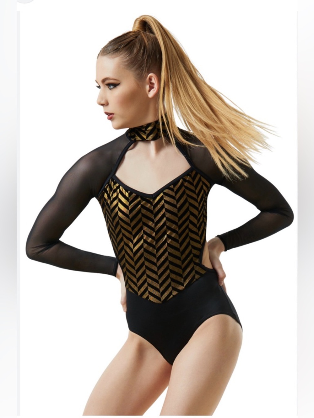 Balera Long Sleeve Chevron Leotard - Gold/Black - Small Adult